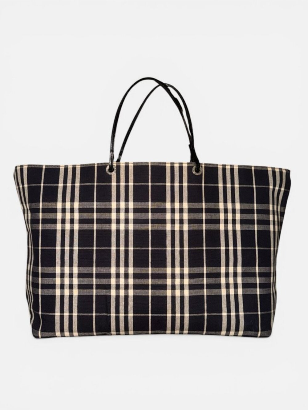 VTG Burberry Nova Check Tote XL Black Leather Cotton Canvas Open Top Bag Italy - Picture 4 of 10